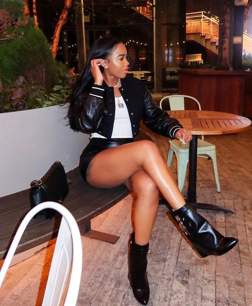 GVCH cropped varsity jacket X Shark ankle boots